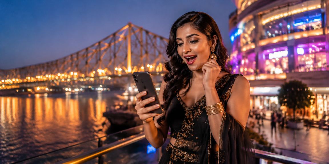 Kolkata Howrah Bridge at night with neon mobile casino banner